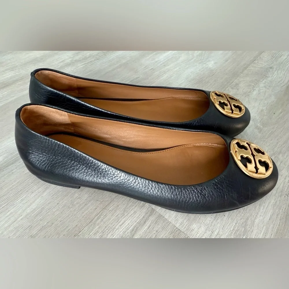 Tory Burch Benton Ballet Flats Shoes Black Nappa Leather Gold Tone Logo Size 6